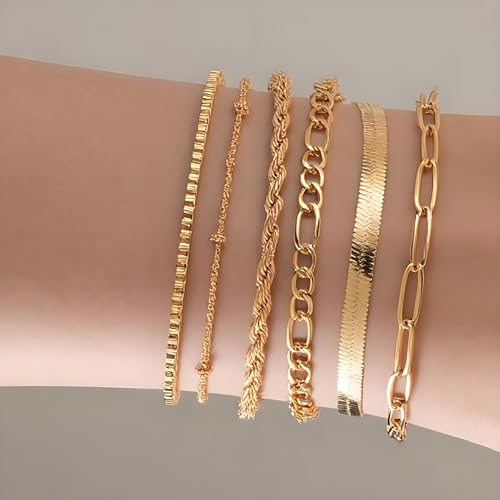 IXNEOP 14K Gold Plated Bracelets for Women Stackable Adjustable Fashion Jewelry Sets Gold Bracelets Stack With Cuban, Paperclip, Snake, Rope, Hand Chain (gold16) (ix0016-GD) — view 3