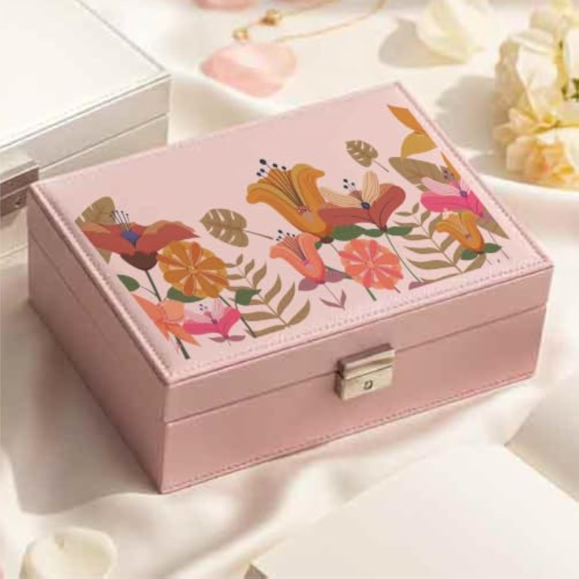 Velvet Jewellery Organiser Box with Lock & Key, Pink