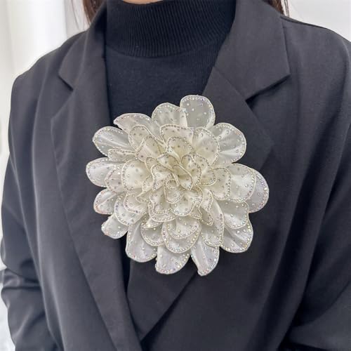 Image of Rhinestone Camellia Flower Big Brooch Lapel Pins for Women Fashion Crystal Fabric Floral Brooches Pin for Dresses Suit Accessories Jewelry Boutonniere Corsage Wedding Party 140mm