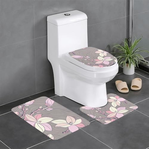 おしゃれ 花柄の個性的な模様トイレ―カバー&マット 3点セット かわいい トイレマット 吸水 丸洗い 洗面所 滑り止め 速乾 防臭 玄関マット バスマット