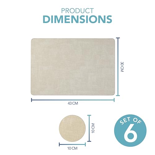Beige Placemats and Coasters - Set of 6 Large PU Leather Coasters and Place Mats for Table, Heat Resistant up to 100℃, Stain Resistant Wipe Clean Placemats, 43cm x 30cm - Image 4