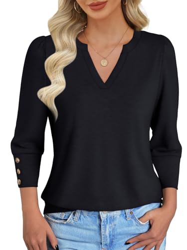 NORACORA Blouses for Women Dressy Casual 3/4 Length Sleeve Womens Tops V Neck Loose Fit T Shirts Beach Vacation Spring Summer Fall Shirts Black XXL — view 4