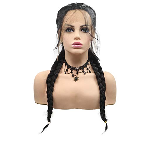Schwarze Perücke, doppelt geflochten, handgefertigt, mit Babyhaar, 1B# Kunsthaar, 2 x Twist Braids Lace Front Perücken für Frauen Party Cover