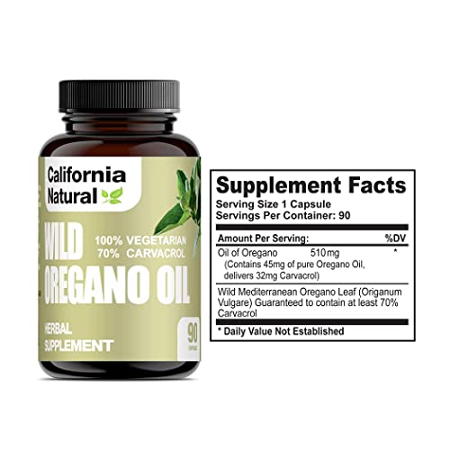 Wild Oregano Oil Vegetarian Soft Capsules - California Natural - Immune System & Digestive Support - Promote Gut Health & Healthy Digestion - 100% Vegetarian - 70% Carvacrol - Herbal 90 Count #TOP3