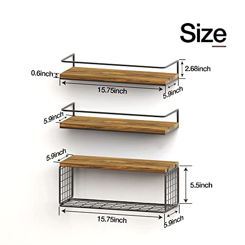 Floating Shelves Wall Mounted Shelves With Storage Basket And Protective Guards,Bathroom Shelf Over Toilet,Wooden Shelves For Bedroom,Living Room,Kitchen-Pine #TOP2