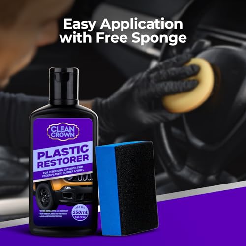 CleanCrown Plastic Restorer for Cars (8.45 fl oz), User Friendly Car Trim Restorer, Quick Plastic Trim Restorer with Free Sponge Applicator, Restores Faded Car Plastics, Bumpers & Against UV Rays