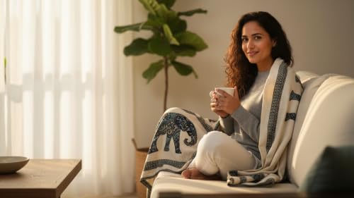 Image of Elephant Walk Printed Throw, Pack of 1 | Cotton, For Sofa Couch & Bed, Decorative for Living Room, Soft Lightweight Cozy