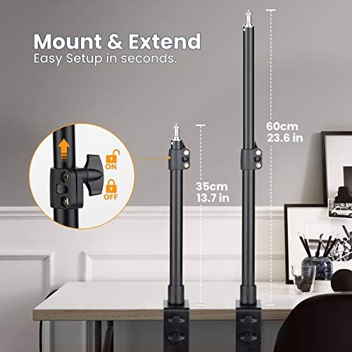 TARION Tabletop Light Stand Camera Clip Stand, 35-60cm Adjustable Table Mount Desk Mounting Lighting Monopod with 1/4 Screw and Extra 360° Ball Head, for Live Streaming Video Photography Shooting