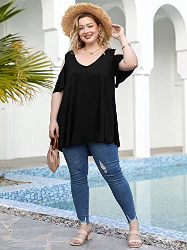 Larace Cold Shoulder Tops For Womens Plus Size Shirts V Neck Tunic Ruffle Sleeve T-Shirts Loose Summer Clothes(Black 2X) #TOP5