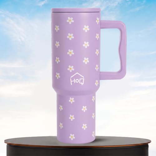 Image of House of Quirk 1200ML Stainless Steel Tumbler with Handle & Lid, 2 Straws - Large Travel Mug Water Cup for Gym, Office & Outdoor Use (Lavender Daisy)