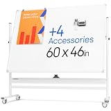 Rolling Dry Erase Board 60 x 46 - Large Portable Magnetic Whiteboard with Stand - Double Sided Easel Style Whiteboard with Wheels - Mobile Standing White Board for Office, Classroom & Home