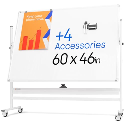 Rolling Dry Erase Board 60 x 46 - Large Portable Magnetic Whiteboard with Stand - Double Sided Easel Style Whiteboard with Wheels - Mobile Standing White Board for Office, Classroom & Home