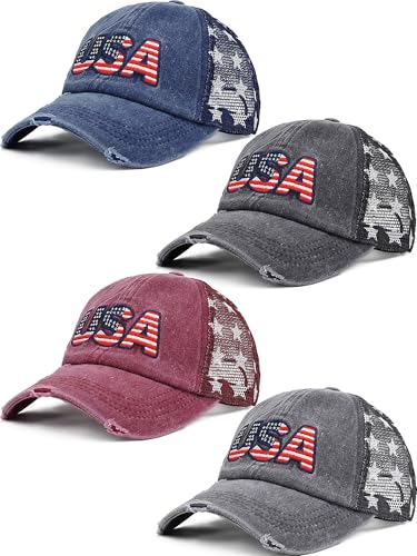 Image of 4 Pcs American Flag Hat USA Patriotic Baseball Caps Star Mesh Trucker Dad Hats Mesh Ball Wome Cap 4th of July Hat for Man