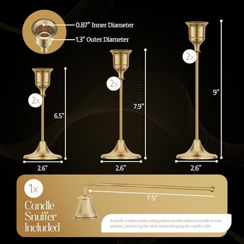 Gold Candleholders for Taper Candlesticks Plus Candle Snuffer – Dining Table Décor Centrepiece - Brass Candelabra Candlestick Holder - Gold Décor for Home Weddings Celebrations Events (Set of 6 Pcs) by GETSHADY - Image 4