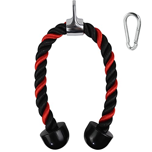 A2ZCARE Deluxe Tricep Rope Cable Attachment, 27 and 36 inch Rope Length with Multi-Option - Single Grip and Tricep Rope for Exercise Machine Attachments with Snap Hook (Black and Red - 27 inch)