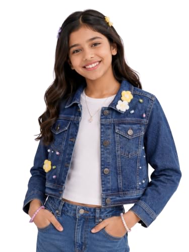 Image of Girls Full Sleeve Solid Crop Denim Jacket