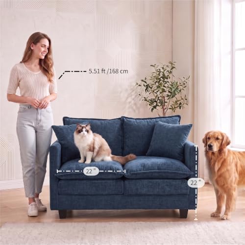 Image of 50'' Loveseat Sofa Set, Small Couch Set 2 Piece Cloud Love Seat with 27 inch Deep Seat Washable Chenille Pillows Couches for Small Spaces Apartment Living Room, Blue