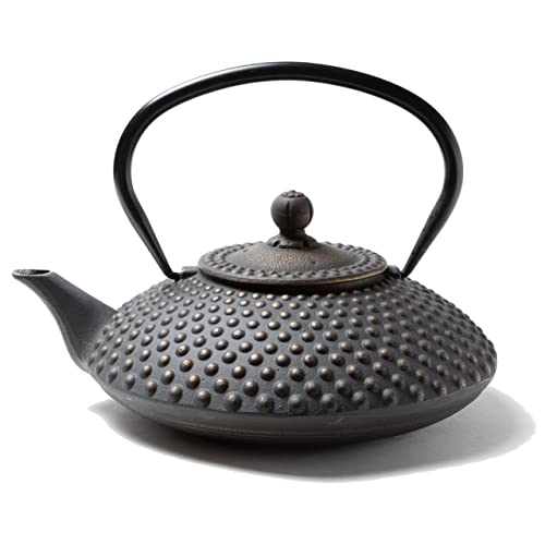 Tealøv Kambin THEIERE FONTE1,25 LITER - Théière en Fonte avec Infuseur - Entièrement émaillée de l'intérieur - Prépare Une Tasse de Thé Parfaite – Design Authentique Japonais à Picots - Or