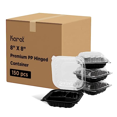 Karat Premium PP Hinged Container [150 ct], Take Out Food Containers - Case (8"x8", 3 compartments)
