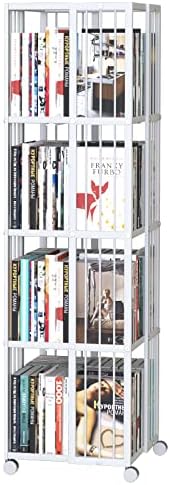 Huhote Rotating Bookcase White 4 Tiers Metal Bookshelf 360°Cubic Large Capacity for Small Space with Storage and Creative Multi-Layer Shelves,Magazine&Books for Bedroom Living Room Study and Office
