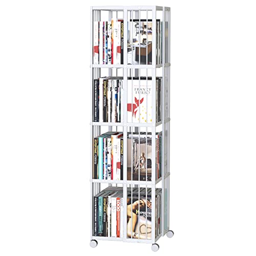 Huhote Rotating Bookcase White 4 Tiers Metal Bookshelf 360°Cubic Large Capacity For Small Space With Storage And Creative Multi-Layer Shelves,Magazine&Books For Bedroom Living Room Study And Office #TOP2