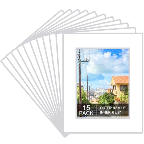 15 Pack 8.5x11 White Picture Mats, Frame Mattes for 6x8 Pictures Photo Frame Mat Core Bevel Cut Mat Board Show Kit for Photos, Prints, Artworks