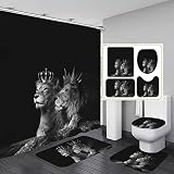 RinRinfam 4Pcs Wild Animal Shower Curtain Set, Crown African Lion Couple Curtain with Non-Slip Rug,T