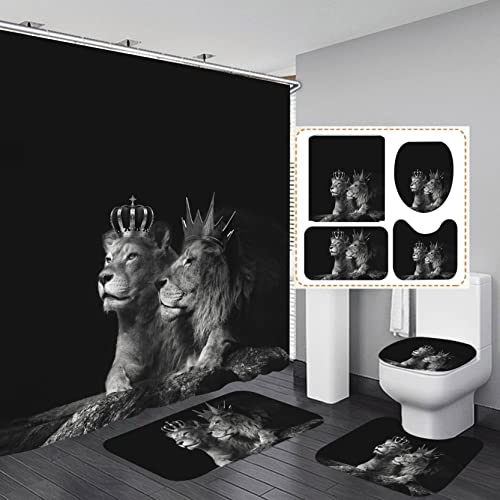 Rinrinfam 4Pcs Wild Animal Shower Curtain Set, Crown African Lion Couple Curtain With Non-Slip Rug,Toilet Lid Cover,U Shape Mat,Waterproof Shower Curtain With 12 Hooks Bathroom Decor Sets,Black #TOP8