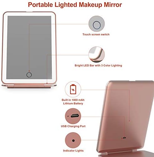 FUNTOUCH USB akumulator lusterko do makijażu z 72 diodami LED, przenośne lustro podróżne ze światłem, 3 kolory, regulowana jasność, przyciemniany ekran dotykowy, lustro stołowe kosmetyczne z