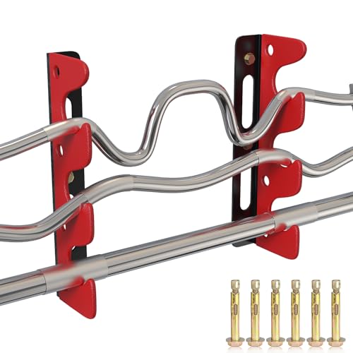 HUWAIGOU Olympic Wall Mounted Barbell Storage Rack Holder Stand Hanger, 6 Expansion Screws, Wall Mounted Weight Dumbbell Rack for Olympic Barbell, Curl Bar, Commercial or Home Gym Accessory, Red