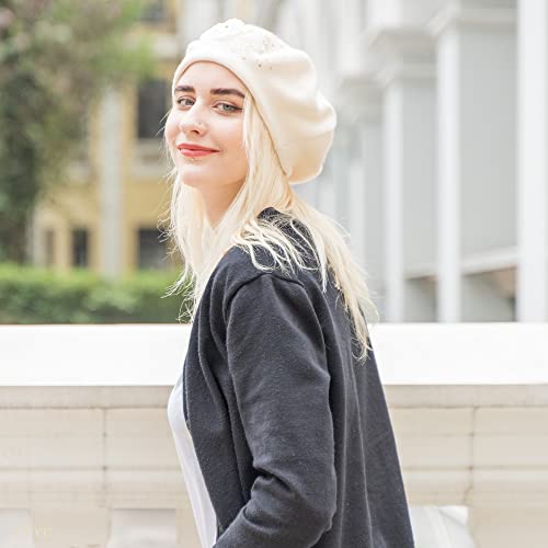 Zlyc Womens French Beret Hat, Reversible Solid Color Cashmere Mosaic Warm Beret Cap For Girls (Flower White) #TOP7