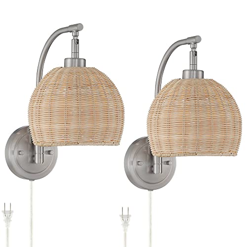 360 Lighting Jojo Modern Swing Arm Wall Lamps Set Of 2 Brushed Nickel Metal Plug-In 8" Fixture Natural Wicker Shade For Bedroom Bedside Living Room Hallway Dining House Home Reading #TOP21