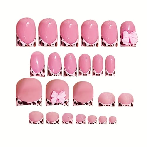 Image of 48 Pcs Leopard print Press on Nails & Press on Toenails Set French Tip Fake Nails Bow Glue on Toe Nails Glossy Full Cover Artificial Acrylic Short Square Stick on Nails for Women Manicure