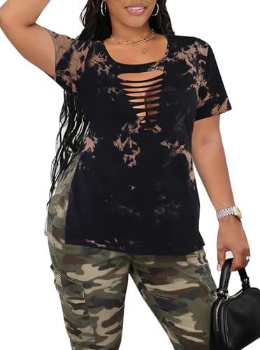 Remidoo Women's Side Slit Shirt Asymmetrical Hem Ripped Tie Dye