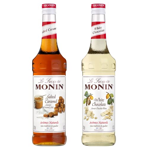 MONIN - Assortiment de Sirop Saveur Caramel Salé & Sirop Saveur Chocolat Blanc - Pour Café, Chocolat Chaud, Capuccino ou Latte - Arômes Naturels - Bouteille en Verre - 2 x 70 cl