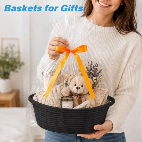 Image of Empty Gift Basket with Gift Bag & Ribbon, Woven Rope Basket, 12x8x5 inch