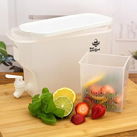Fruit Infusing Water Dispenser Container with Tap 3.5L - By Bar Amigos Plastic PETG Travel Desktop Beverage Tank Drink Refillable Shelf Great for Ice Tea Fridge Camping Juice Drinks - Holds 3.5 Litres Cover