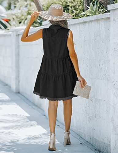 Image of luvamia Women's Casual Summer Lapel Sleeveless Button Down Short Denim Jean Dress