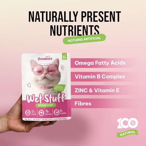 Image of Zoomies Wet Stuff Skin & Coat Wet Cat Food, Chicken & Veggies with Krill & Fish Oil, 6 x 85g Pouches Pack of 6