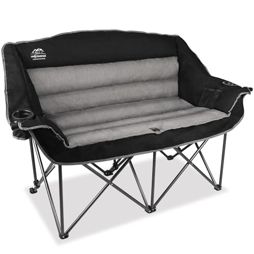 LANMOUNTAIN Heated Double Camping Chairs,3 Heat Levels Padded Portable Loveseat w/Wine Glass Holder,Cup Holder,Heating Outdoor Camp Couch Support 600 Lbs,Black,Battery NOT Included by LANMOUNTAIN - Used condition - US$67.66