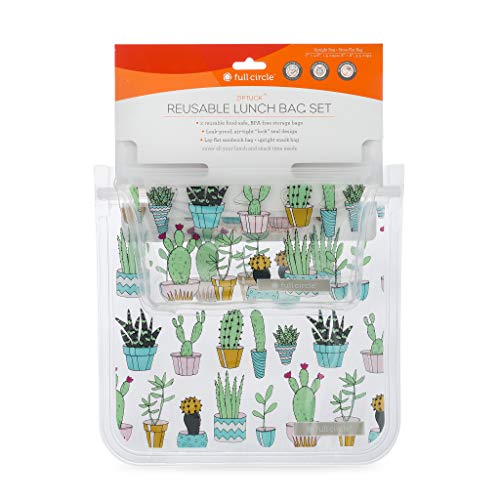 Full Circle Ziptuck Reusable Lunch Bag Set – 1 Sandwich Bag and 1 Snack Bag - Multi-Use Leak-Free Food-Safe Storage Bags – BPA-Free, Cactus Party