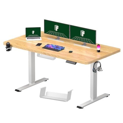 FLEXISPOT 140 x 60 cm Electric Standing Desk, Sit Stand Table Height Adjustable Desk with Backpack Hook and Memory Smart Pannel, Home Office Desk Maple