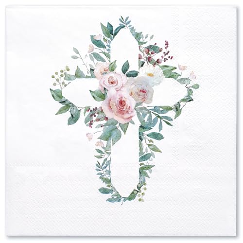 WRAPAHOLIC 50Pcs Floral Baptism Napkins - 3 Ply Floral Cross Disposable Paper Luncheon Napkins for Christening Religious, First Communion, Newborn Baby Shower Party Supplies - 6.5 x 6.5 In