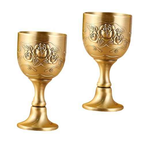 NOLITOY Copa de Vino Pequeña de Bronce Vintage Grabado Floral Vaso de para Whisky Set de 2 Unidades Cáliz Metálico para Fiestas Familiares y Uso Diario