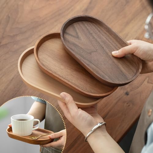 Vandroop Mini Serving Trays for Parties, Small Decorative Tray for Tea＆Coffee, Oval Wooden Plates for Serving Food for Appetizer＆Vegetables for Bathroom 7.8"×4.6" (Walnut, Set of 2) by Vandroop - Image 7