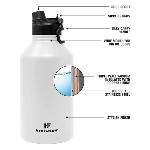 Hydraflow Crusader - Triple Wall Vacuum Insulated Water Bottle With Dual Lid (64Oz, Periwinkle) Stainless Steel Metal Thermos, Reusable Leak Proof Bpa-Free For Sports And Travel #TOP6