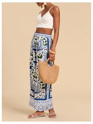 MakeMeChic Women's Tropical Boho Print Wide Leg Palazzo Pants High Waist Drawstring Baggy Trousers4