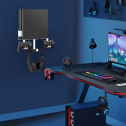 Wall Mount Kit with Detachable 2 Controller Holder & Headphone Hanger, Metal Wall Mount Stand Compatible with PlayStation 4 Slim