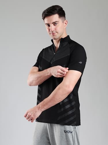 Image of GROW Stylish Aeroflex Zip T Shirt for Men Workout | Cotton and Spandex Quarter Zip Back Printed Collar T-Shirts for Men Half Sleeves