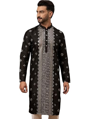 Image of Men's Solid Calf Length Silk Blend Embroidered Kurtas | Men | Kurtas for Mens | Straight Fit Kurta for Men's